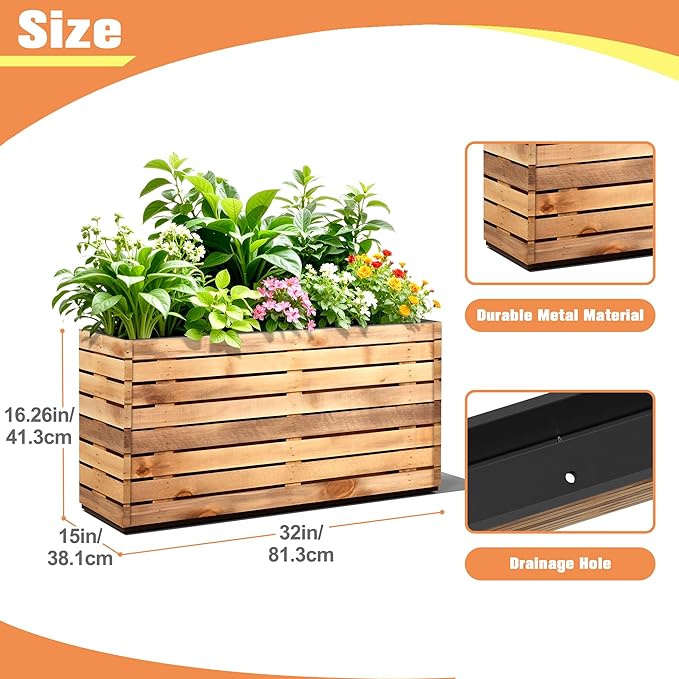 FENCY Large Metal Planter, Large Rectangular Planters for Outdoor Plants, Tall Outdoor Planters for Porch Patio, 32" L x 15" W x 16.3" H Walnut Finish Metal Planter with Drainage Hole