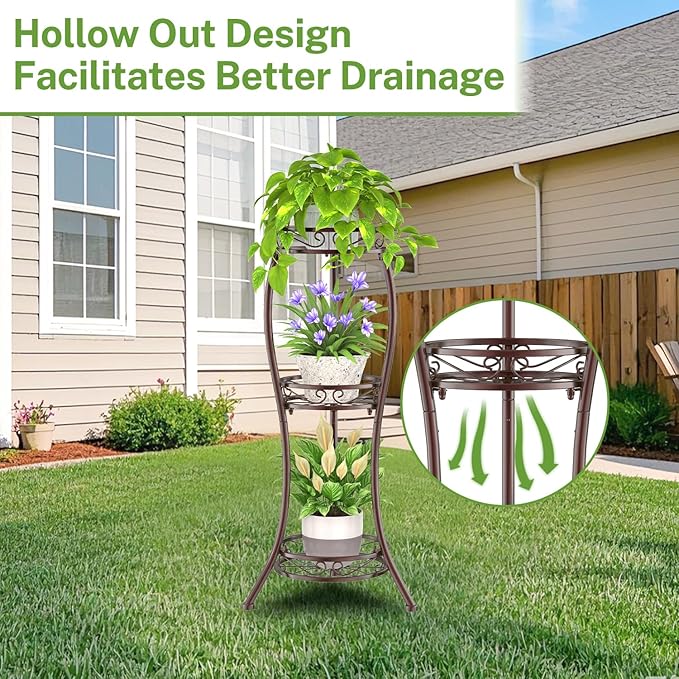 iDavosic.ly 3 Tier Tall Metal Plant Stand Indoor Outdoor, Wrought Iron Corner Flower Pot Holder Shelf, 34 Inch Vertical Display Rack for Patio Porch Living Room Garden, Bronze