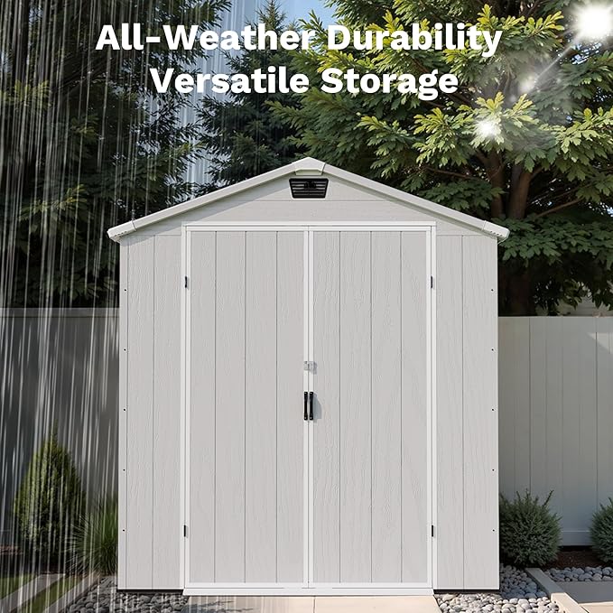Patiowell 6X4 FT Outdoor Storage Shed, Plastic Tool Sheds with Lockable Door and Window, Weather-Resistant Garden Shed with Floor for Backyard, Patio, Easy Assembly, Light Grey