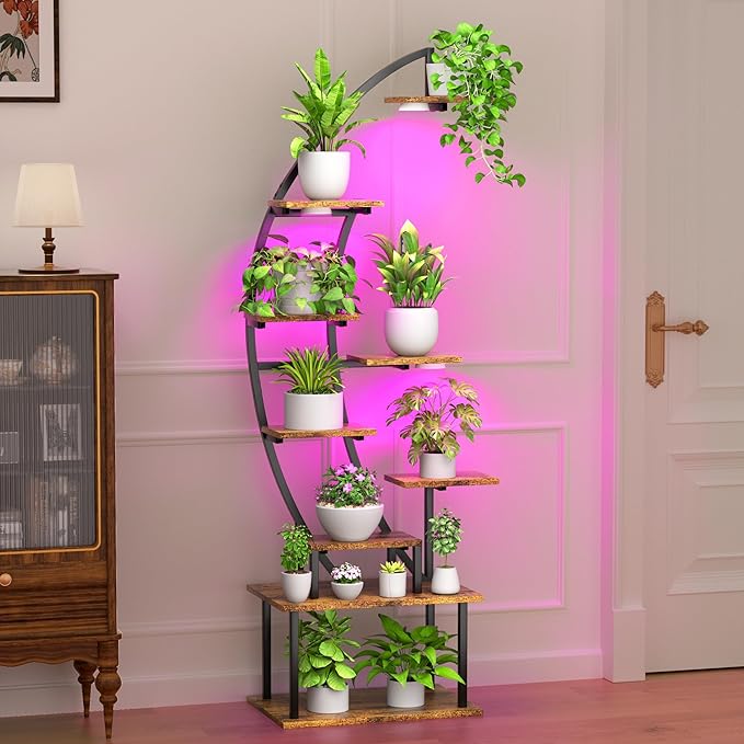 Plant Stand Indoor with Grow Lights, 9 Tier 63" Metal Plant Shelf for Multiple Plants, Tall Plants Shelves Corner Flower Holder, Half Curved Shape Plant Display Rack for Living Room, Balcony, Patio