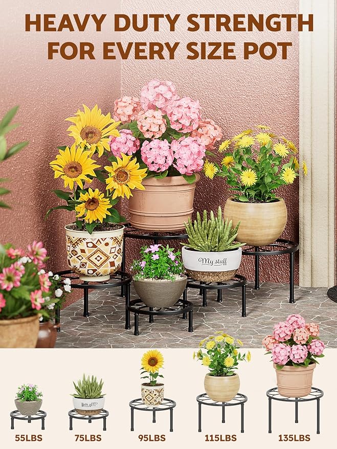 5 Pack Metal Plant Stands,Heavy Duty Potted Holder for Flower Pot,Indoor Outdoor Metal Rustproof Iron Garden Container Round Supports Flower Rack for Planter(BlackFlower)