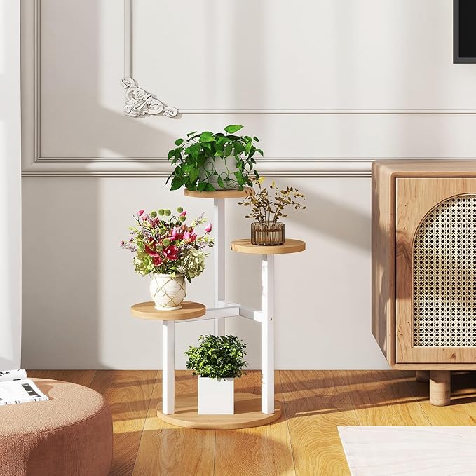 IBUYKE 4 Tier Plant Stand Indoor, Metal Wood Plant Shelf for Multiple Plants, Small Tiered Corner Flower Pot Stand for Living Room Patio Balcony Garden, White TMJ073R