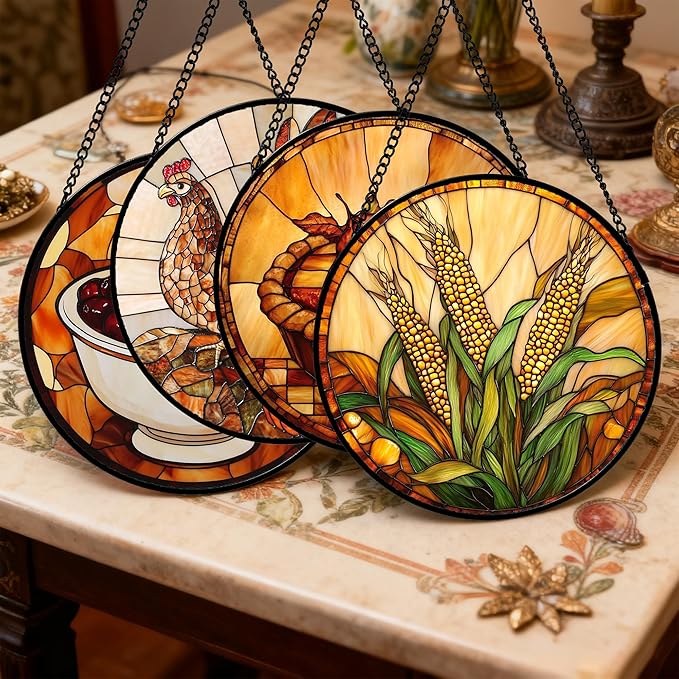 Stained Glass Window Hanging 4 Pcs Set Brown Turkey Berry Corn Large 11.8" - Suncatcher Door Garden Sun Catcher Decor Birthday Thanksgiving Mother's Day for Mom Woman Nana Men