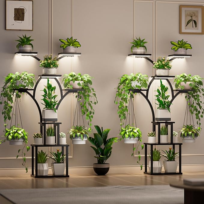 Elbourn Plant Stand Indoor with Grow Lights - 60" Tall Metal Plant Shelf for Multiple Plants, 8 Tiered Corner Plant Stands for Indoor Plants, X - Shaped Decorative Rack for Home, Living Room & Patio Decor (Black)
