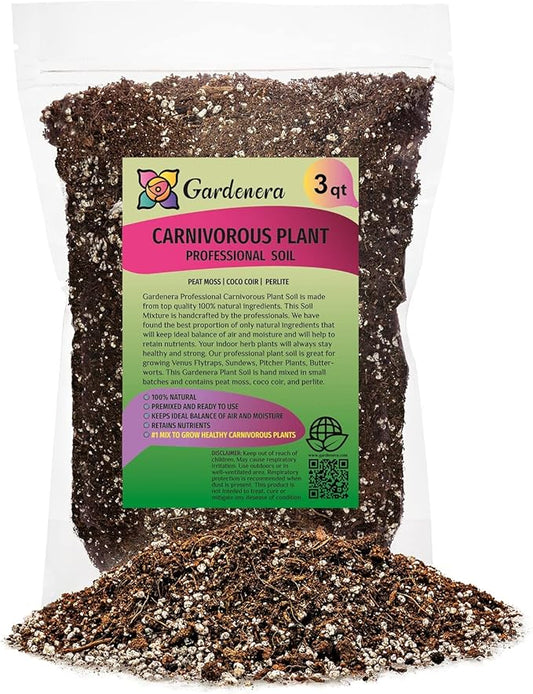 Gardenera Professional Carnivorous Plant Soil - Ready to Use for Venus Flytraps, Sundews, Pitcher Plants, Butterworts | Peat Moss, Coco Coir, Perlite - 3 Quart Bag