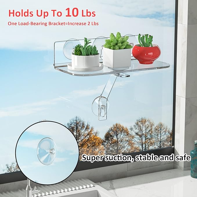 Clear Acrylic Windows Plant Shelves, 12 Inch Window Plant Stand with Legs, No Need Drilling Indoor Windows Suction Cup Shelf Wall Shelf for Plants, Home Décor, Toiletries(2 Pack)