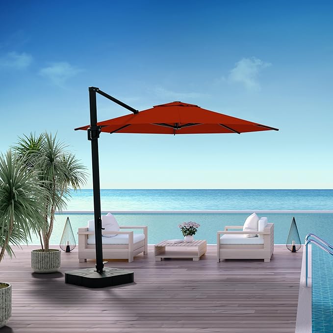 Midtown Umbrellas 10 Ft Outdoor Cantilever Patio Umbrella w/Terylast Apple Red Fabric - Rotate Tilt 360° Offset Patio Umbrella, Deck Patio Umbrella, Backyard Umbrella & Garden Umbrella - Black Frame