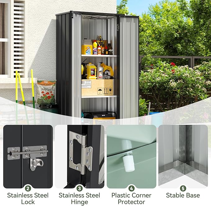 Aoxun 22 Cu.Ft Outdoor Storage Cabinet Outdoor Metal Shed with 2 Adjustable Shelves 3 Layer Indoor& Outdoor Waterproof Vertical Storage Shed for Patio Garden, Garage, Porch (Dark, 2.5'x1.5')