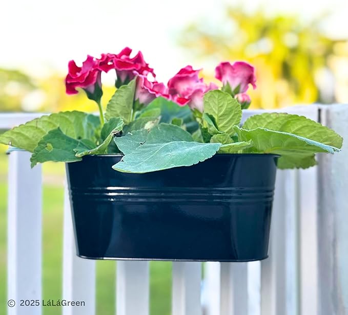 LaLaGreen Rail Planter Outdoor Plants(11.8 Inch, 15 Pack) Black Metal Iron Hanging Flower Pots Deck Railings Fence Buckets Modern Countryside Boho Style Wall Mount Window Box Plant Holder Porch Decor