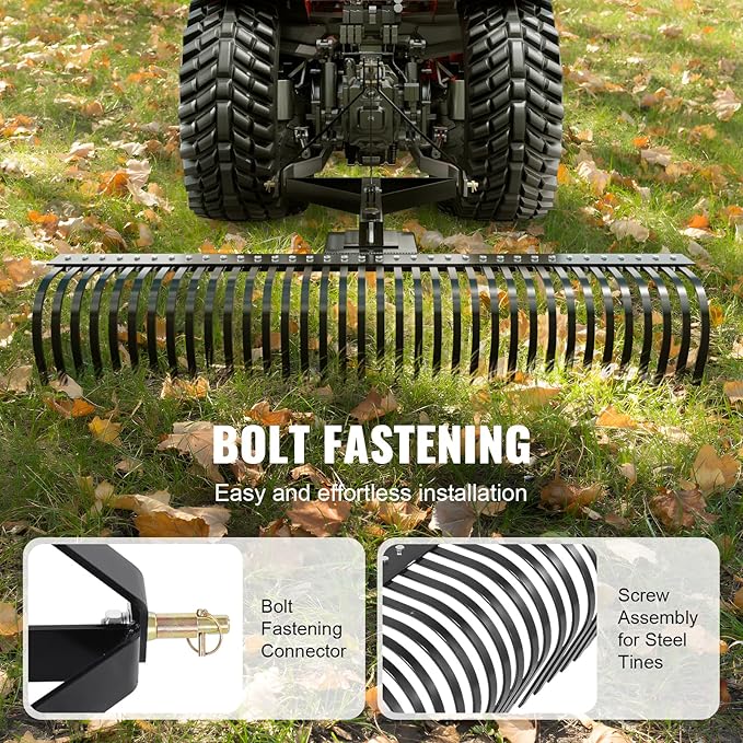 VEVOR Tow Behind Dethatcher, 72-inch Tow Dethatcher with 36 Steel Tines, 3-Point Lawn Dethatcher Rake with Attachments for Tractor, Landscape Rake for Garden, Farm, Grass