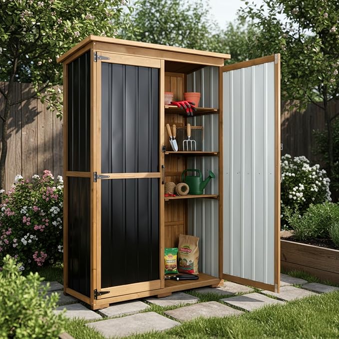 Outdoor Storage Shed with Adjustable Shelf, Wood & Metal Storage Cabinet Waterproof with Lockable Doors & Sloping Roof,Vertical Garden Shed for Patio Backyard, Tool Shed and Accessories, Brown