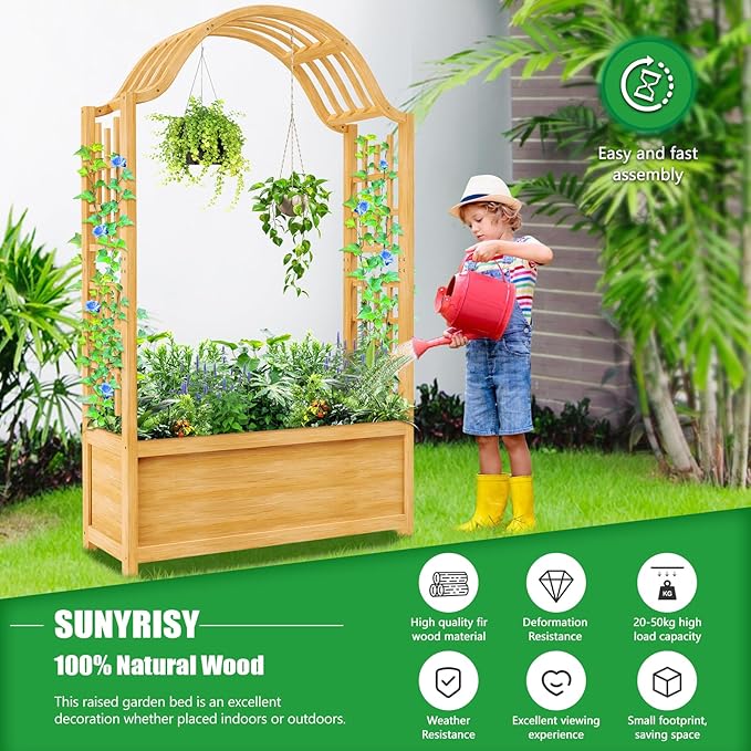 SUNYRISY Raised Garden Bed with Arch Trellis, Wooden Outdoor Vertical Planter Box for Climbing Plant Vine Flowers Vegetables, Planter Raised Bed with Hanging Roof and Drainage Holes
