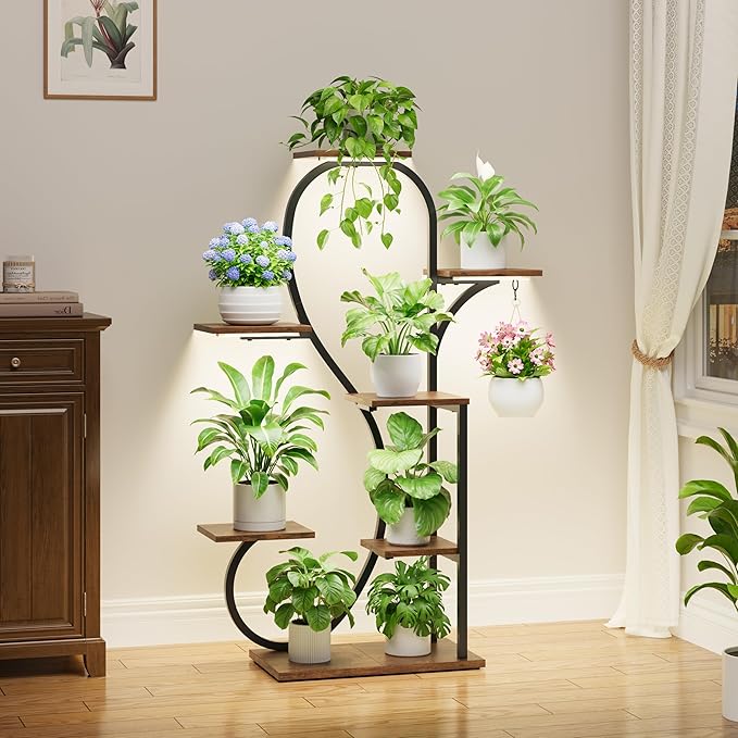 POZILAN Plant Stand Indoor with Grow Lights - 47" Plant Shelf Indoor, 7 Tiered Plant Stands for Indoor Multiple Plants, Metal Corner Plant Holder, S-Shaped for Living Room, Patio, Home Décor, Black