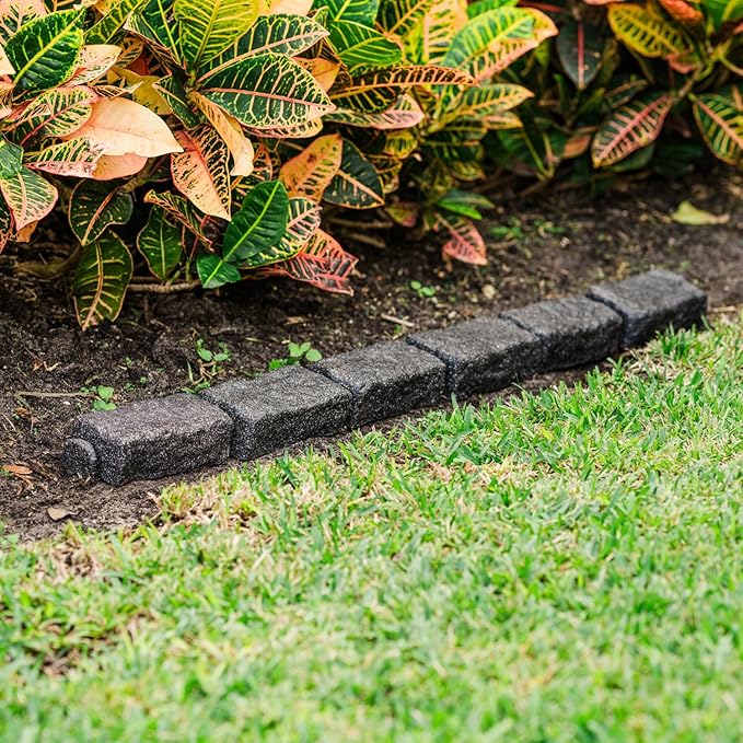 Beuta Landscape Edging | Garden Edging Border | Faux Stone Bricks for Lawn edging, Flower beds, Pathways & Yard Edging– 4 Packs | Each Section Has 6 Bricks 48"L x 4"W x 2.25"H | 12 Spikes |Charcoal