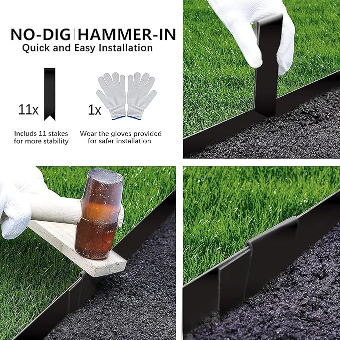 KOL Galvanized Steel Flexible Garden Lawn Edging, 10-Pack Black Metal Landscape Edging Strips - Heavy Duty Hammer-in Border with 11 Clips - 16-Gauge - 40" L x 4.5" H (33FT Total Length)
