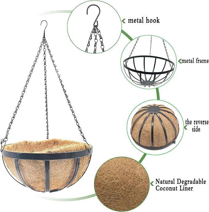 4pcs 16 inch Metal Hanging Baskets Round Wire Plant Stand with Coco Lining Cushion Decorative Planter Hanger Garden Indoor Outdoor Watering Hanging Basket （BT）