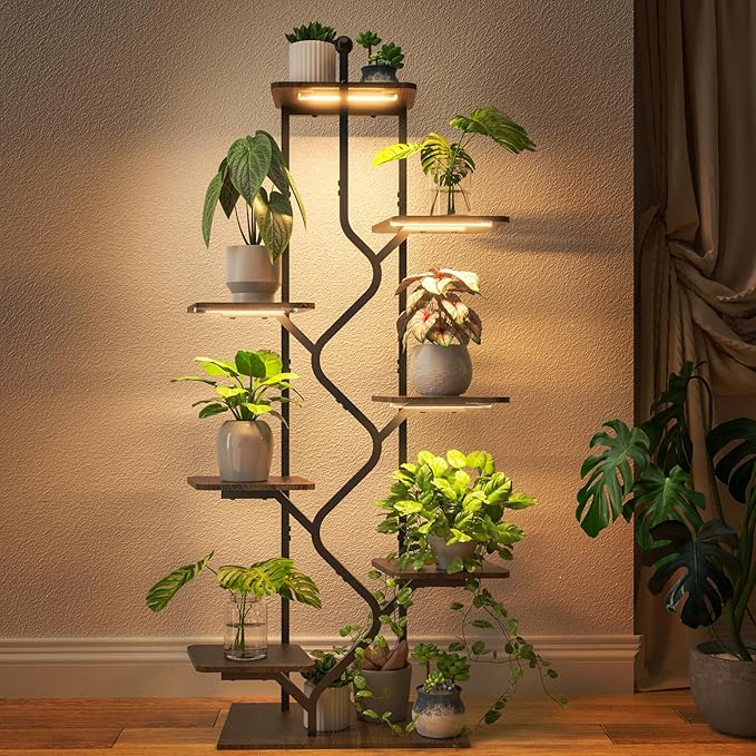 Bstrip 8-Tier Plant Stand with Grow Light, 57 Inch Indoor Plant Shelf, Decor Flower Stand for Living Room & Patio, Rust-Resistant Pipes & Waterproof MDF Boards