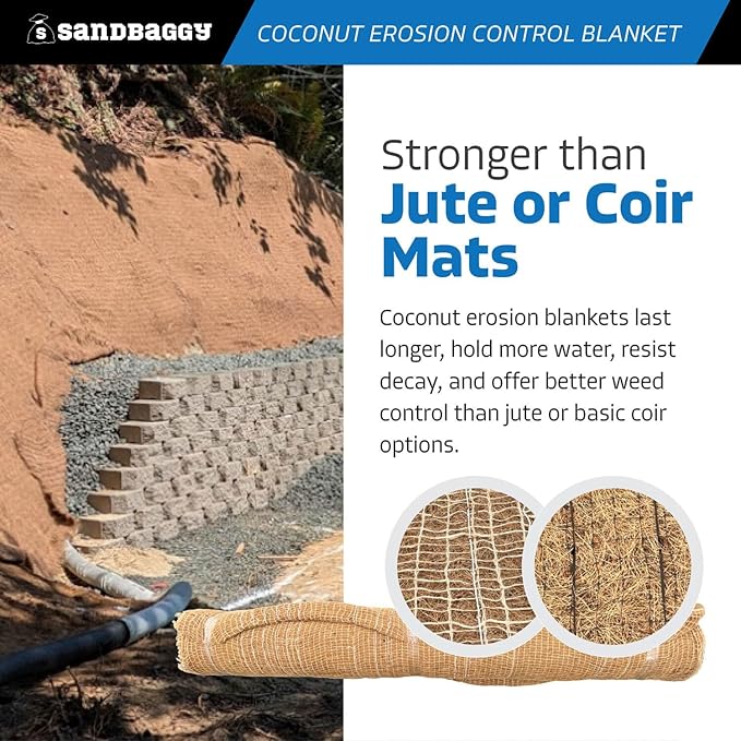 Sandbaggy Coconut Erosion Control Blanket – 3.75 ft x 120 ft Coir Mat for Soil Retention, Slope Stabilization, Plant Growth & Ground Cover – Ideal for Hillsides & DOT Projects - 1 Roll (450 sq ft)