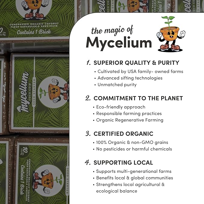 Mycelium Coco Coir Brick - Seed Starter | 10 lb OMRI Certified Organic Growing Medium for Seed Germination & Root Development – Expands When Hydrated for a Nutrient-Rich, Well-Draining Base