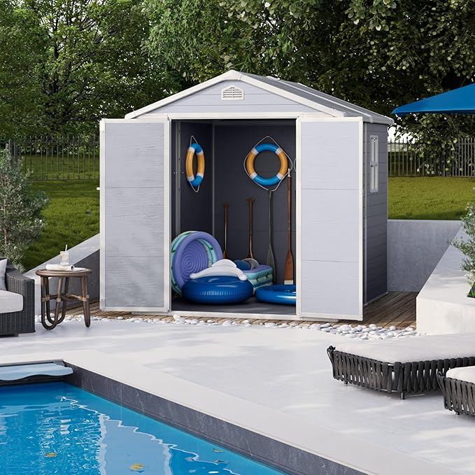 6x8FT Storage Shed Plastic Outdoor Storage Shed Waterproof Container House with Lockable Door and Transparent Window for Garden, Lawn