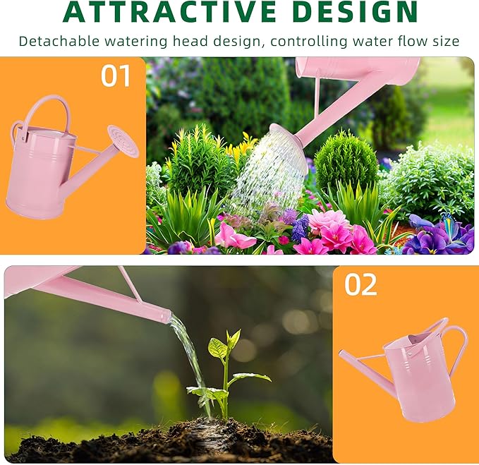 Galvanized Watering Can for Outdoor Indoor Plants, 1.7 Gallon Pink Decorative Countryside Style Water Can with Removable Spout, Metal Watering Can for Indoor Plants and Garden Flower