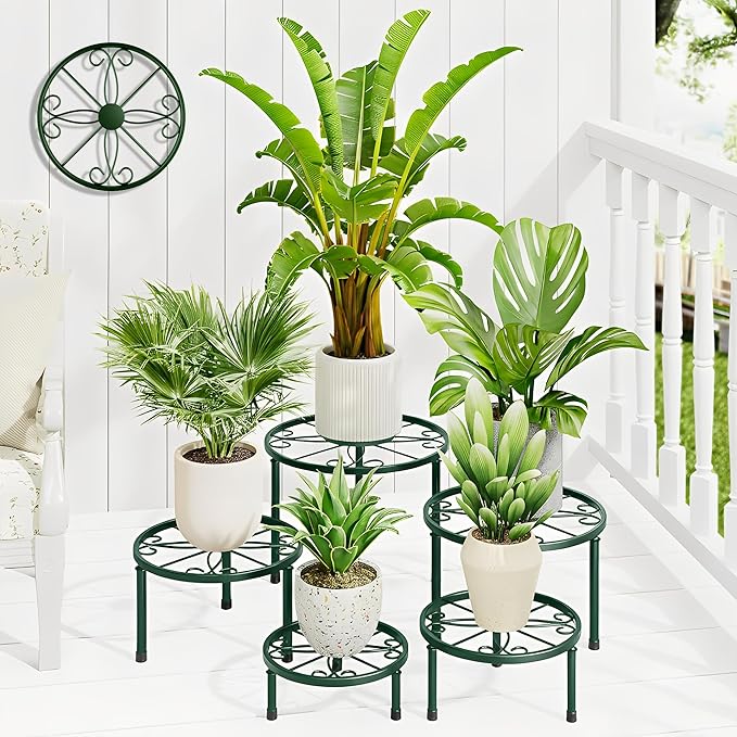 5 Pack Potted Plant Stands,Metal Flower Pot Stand,Heavy Duty Plant Pot Shelf for Multiple Plant,Rustproof Iron Round Plant Shelf for Planter Potted Plant Holder(DarkGreenS)