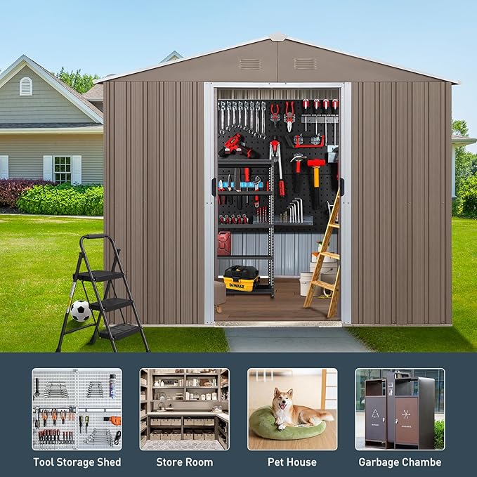 Favfurish 10×8FT Outdoor Metal Storage Shed Large Garden Sheds with Floor Base & Window,Sliding Doors and Padlock for Garden,Backyard,Lawn,Easy to Assemble,Grey