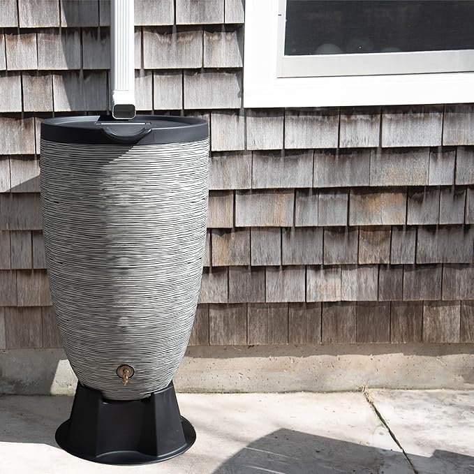 Newport 50‑Gallon Flat‑Back Rain Barrel with Stand & Planter Bundle – Slate | Removable Lid, UV-Stabilized Outdoor Water Storage