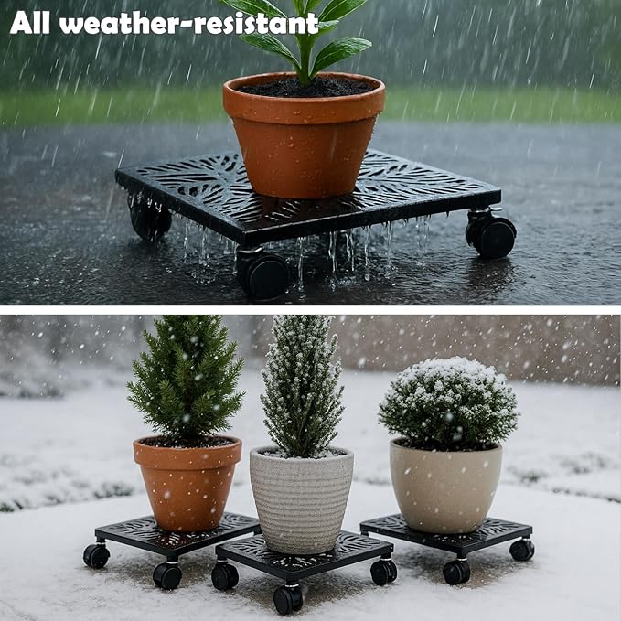 1-Pack 13.5 Inches Square Metal Plant Caddy with Wheels Heavy Duty Large Rolling Plant Stand Indoor Outdoor Wheeled Planter Dolly Cart with Lockable Casters Flower Pot Mover Roller Trolley, Black
