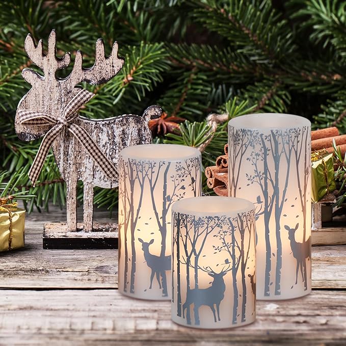 GenSwin Flameless Candles with Timer, Christmas LED Flickering Candles Real Wax with Silver Deer Decals, 3 Pack Pillar Fake Candle for Winter Indoor Fireplace Christmas Decor(D3” x H4”5”6”)
