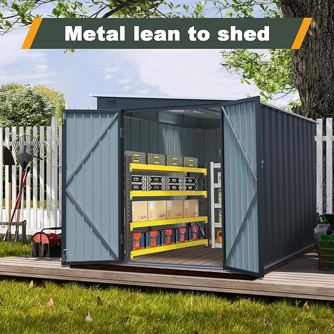 6x8 FT Lean to Shed with Lockable Double Doors, Metal Outdoor Storage Shed with Free PC Light Board for Tools, Outside Storage Shed Waterproof for Backyard, Patio, Garden