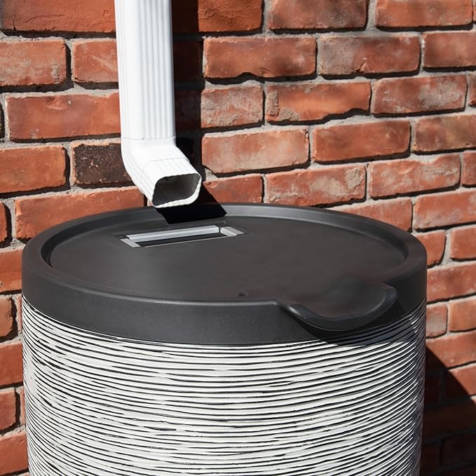 Newport 50‑Gallon Flat‑Back Rain Barrel with Stand & Planter Bundle – Slate | Removable Lid, UV-Stabilized Outdoor Water Storage