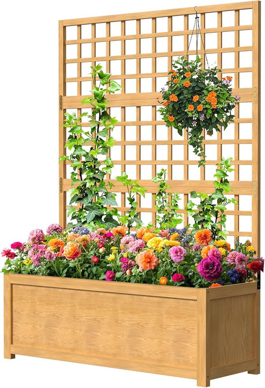SUNYRISY Raised Garden Bed with Trellis, Wooden Vertical Planter Box with Privacy Screen Outdoor for Climbing Plant Vine Flowers Vegetables, Planter with Hanging Roof and Drainage Holes