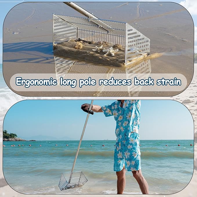 Sand Flea Rake for Beach：Metal Detachable Sand Sifter with 70in Handle,Portable Shark Tooth Sifter,Sturdy Beach Shovel for Shells,Fleas,Suitable for Beach Camping,Parent-Child Activities