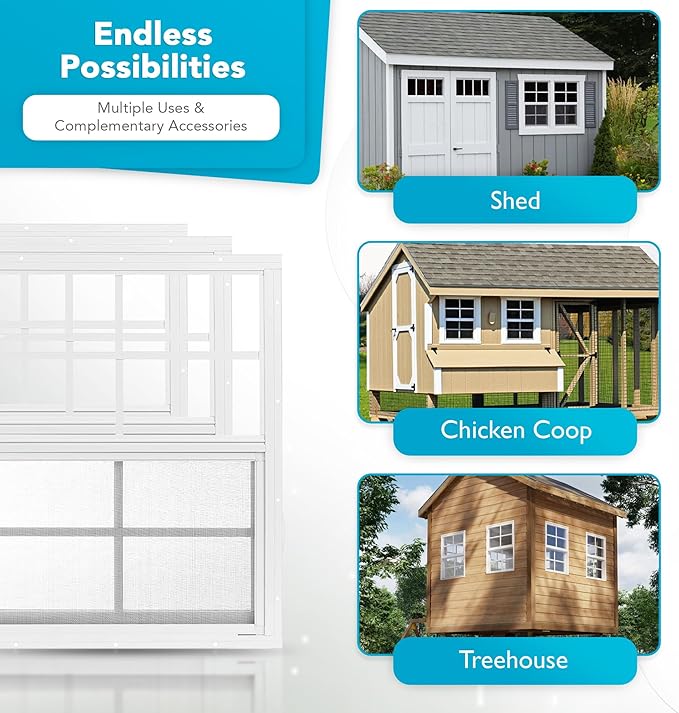 PRO FLEX 2 Pack Shed Window 24" x 27" - Ultra Thick White Aluminum Flush Mount with Tempered Glass and Screen - Shed Windows with Vertical Slider and Screws for Chicken Coop, Sheds, Barns, Playhouses