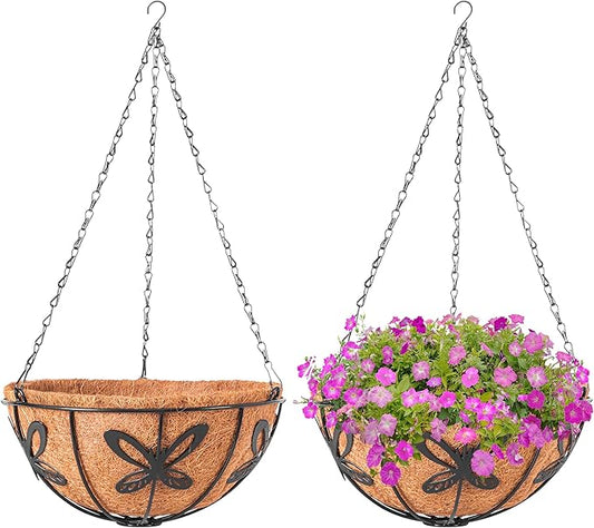 Hanging Baskets Planter for Plants, 2 Pack 10 Inch Round Metal Wire Hanging Flower Pots with Coco Coir Liner Chain, Plant Holder for Home Garden Balcony Decor (10in, Round)