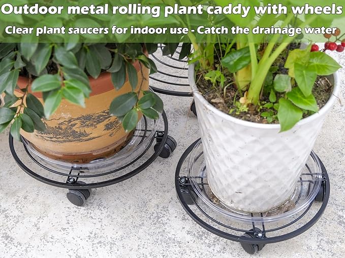 3 Packs 13.5" Metal Plant Caddy with Wheels Large Rolling Plant Stands Indoor Wheeled Plant Dolly Heavy-duty Planter Mover Roller Base Outdoor Plant Trolley Cart Water-proof, Plant Saucers on Wheels