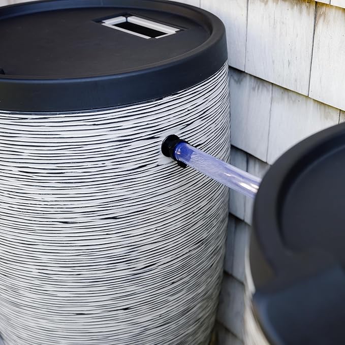 Newport 50‑Gallon Flat‑Back Rain Barrel with Stand & Planter Bundle – Slate | Removable Lid, UV-Stabilized Outdoor Water Storage