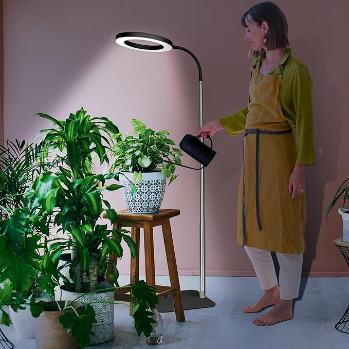 Grow Lights for Indoor Plants - Full Spectrum LED Halo Growing Lamp with Base & Groud Stake, Height Adjustable (16-67"), 3CCT, 10 Dimming, 3H/9H/12H Auto Timer - Black (NO Adapter)
