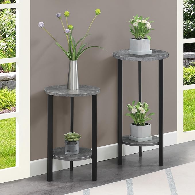 Convenience Concepts Graystone 2 Tier Tall Plant Stand 31" - Industrial Stand for Plants, Vases, and Antiques, Urban Modern Design for the Living Room, Hallway, Entryway, Cement/Black