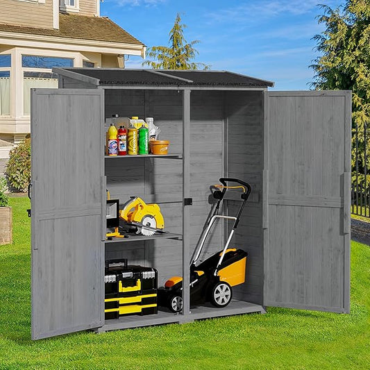 Gizoon Outdoor Storage Cabinet with Waterproof Roof, Double Lockable Doors Garden Shed with 2 Removable Shelves, Wooden Storage Shed with Large Storage Space for Patio, Garden, Backyard, Lawn, Grey