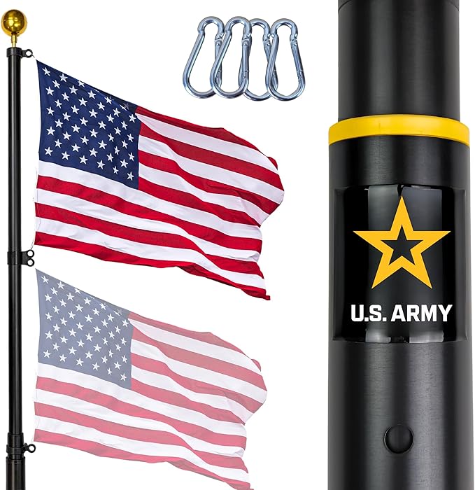 Service First US Army Black 25FT Telescoping Flagpole Kit for Outside House In Ground - Anti Tangle Swivel Ring Design - 100MPH Wind Tested