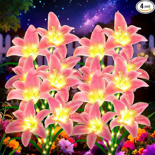 Solar Garden Lights 4 Pack 16 Pink Lily Flowers,Christmas Birthday Gifts Outdoor Solar Flower Lights,Cemetery Flowers for Grave - Decorative Lilies for Yard, Patio, Pathway Decorations