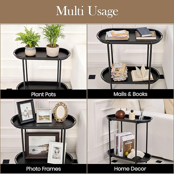 Large Metal 2-Tier Plant Stand – Sleek Black Indoor/Outdoor Flower Pot Shelf with Oval Trays, Space-Saving Modern Storage Rack for Plants, Decor, or Small Furniture Accent