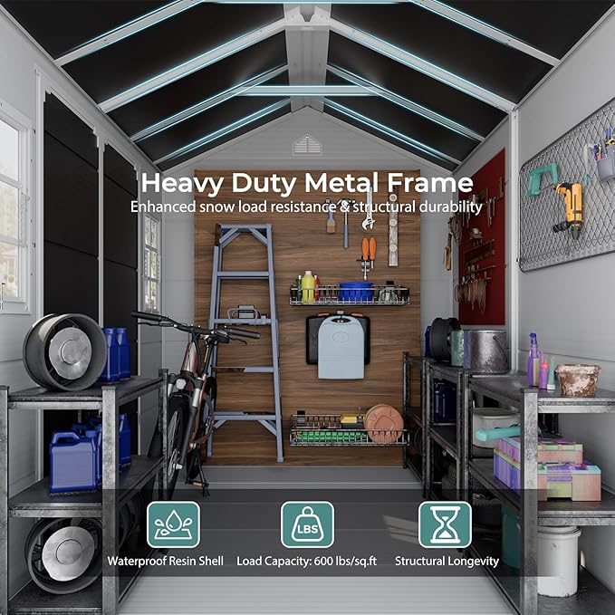 8x6x7 FT Resin Storage Shed, Waterproof Outdoor Storage Shed w/Floor, 2 Adjustable Openable Windows, Double Lockable Doors & Vents, Tool Shed for Patio Garden, Lawn, Backyard, Gray