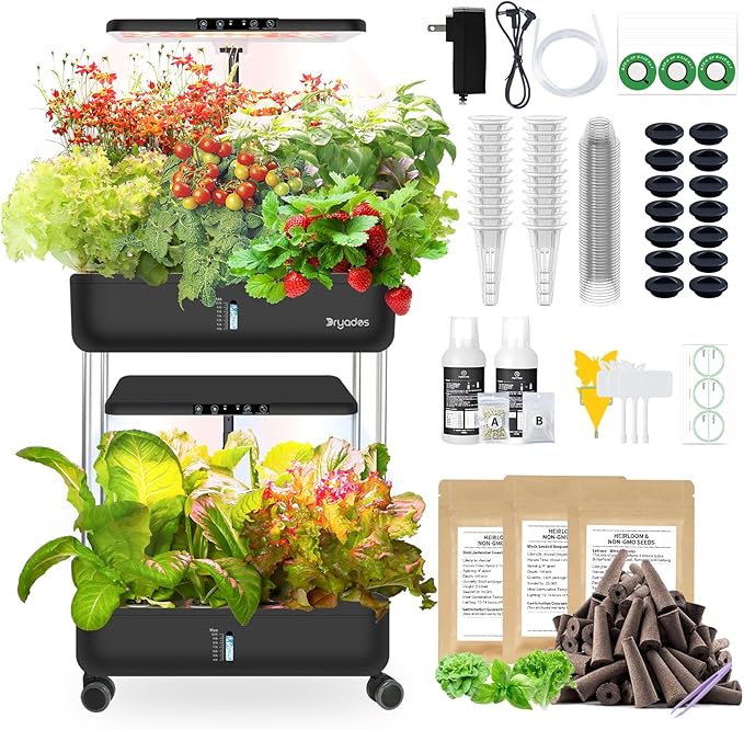 44-Pod Indoor Hydroponic Growing System + 3 Free Seeds Starter Kit (Lettuce, Salad Mixed, Basil Seeds) – Dual 53W Full-Spectrum LED, 10-L Water Tank, 2-Tier Grow Pods (44 Pods)