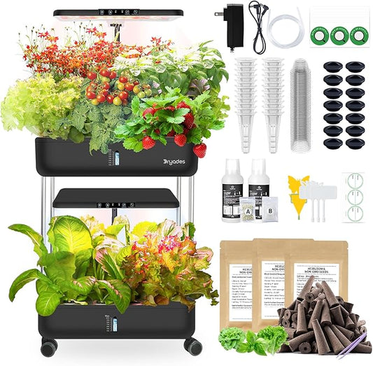 44-Pod Indoor Hydroponic Growing System + 3 Free Seeds Starter Kit (Lettuce, Salad Mixed, Basil Seeds) – Dual 53W Full-Spectrum LED, 10-L Water Tank, 2-Tier Grow Pods (44 Pods)