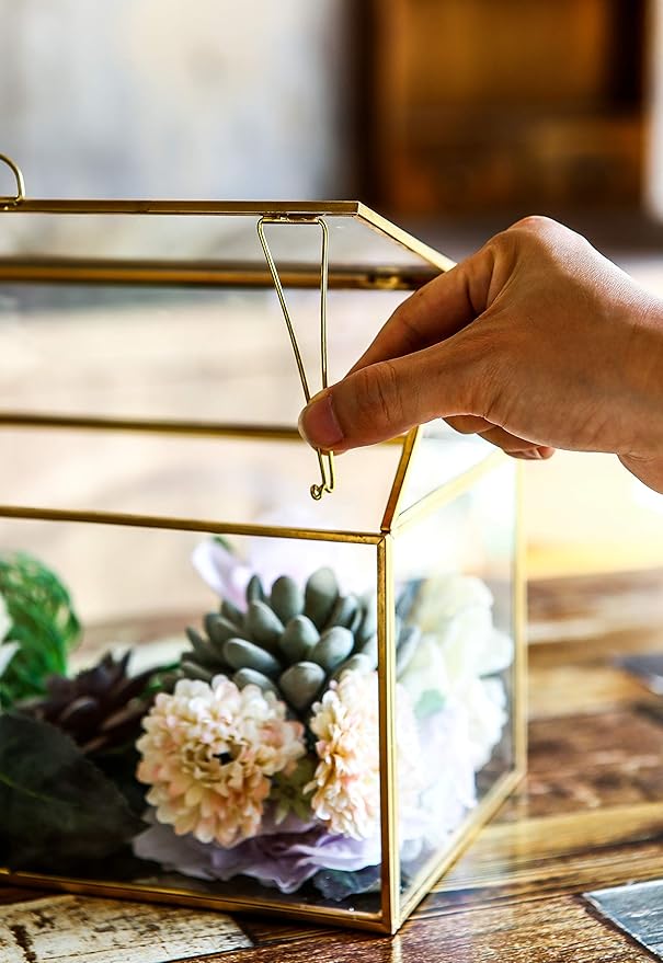 House Shape Close Glass Geometric Terrarium Tabletop Succulent Plant House Garden Planter Moss Fern Swing Lid, Flower Pot for Plants Succulent, Air Plant (Gold)