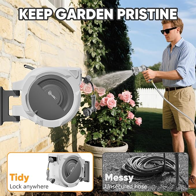 SILVEL Retractable Garden Hose Reel – 1/2 in x 150FT Heavy Duty Automatic Hose Reel Wall Mounted, Upgraded UV Resistant with 10 Pattern Nozzle, Any Length Lock & Slow Return System, 180°Swivel Bracket