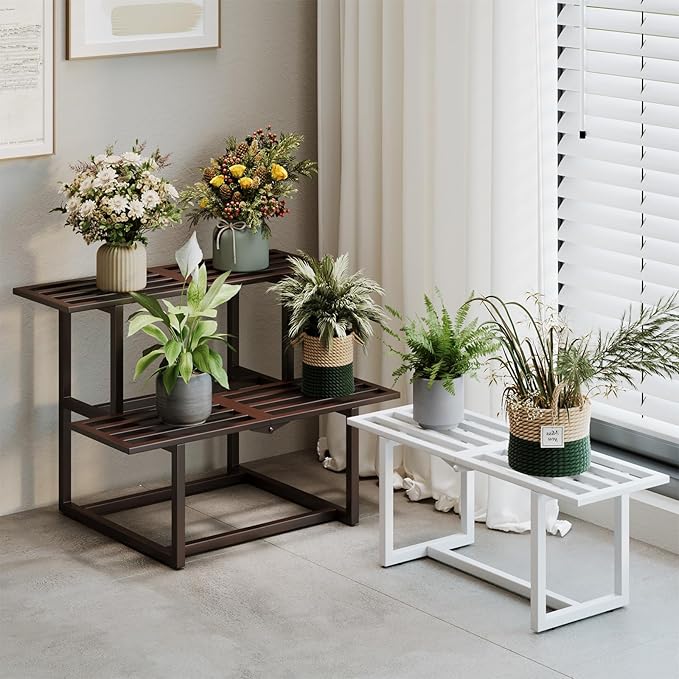 Metal Plant Stand Indoor, Outdoor Iron Plant Shelf, Heavy Duty Slatted Display Shelf for Patio Balcony Garden Living Room Load Bearing 330 LB 26" L x 20.2" H x 17.7" W 2 Tier Coffee